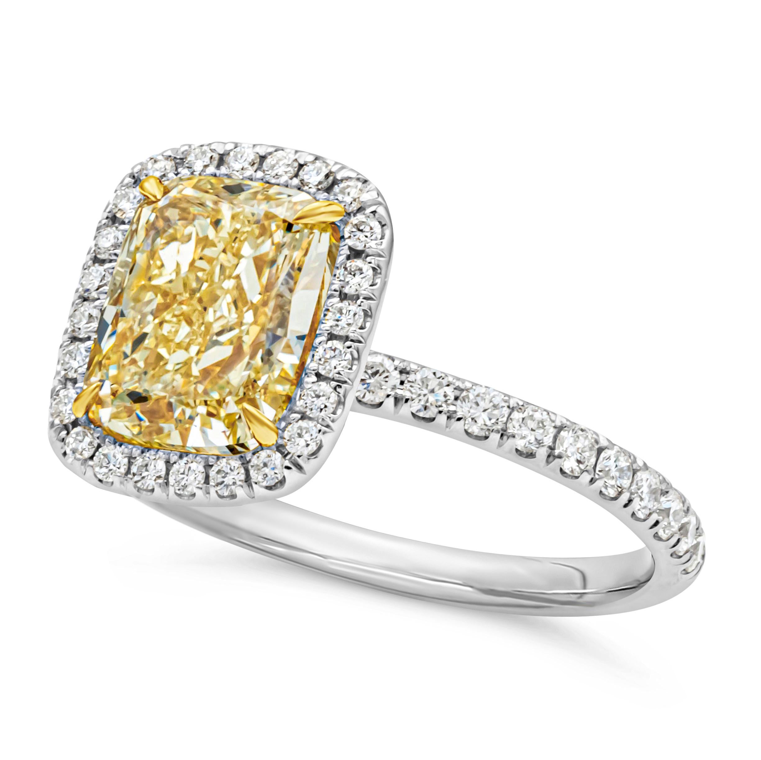 Contemporary GIA Certified 2.03 Carats Cushion Cut Fancy Yellow Diamond Halo Engagement Ring For Sale