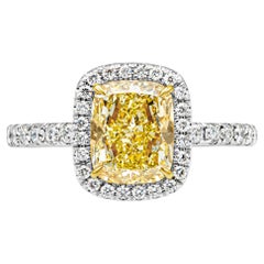 GIA Certified 2.03 Carats Cushion Cut Fancy Yellow Diamond Halo Engagement Ring