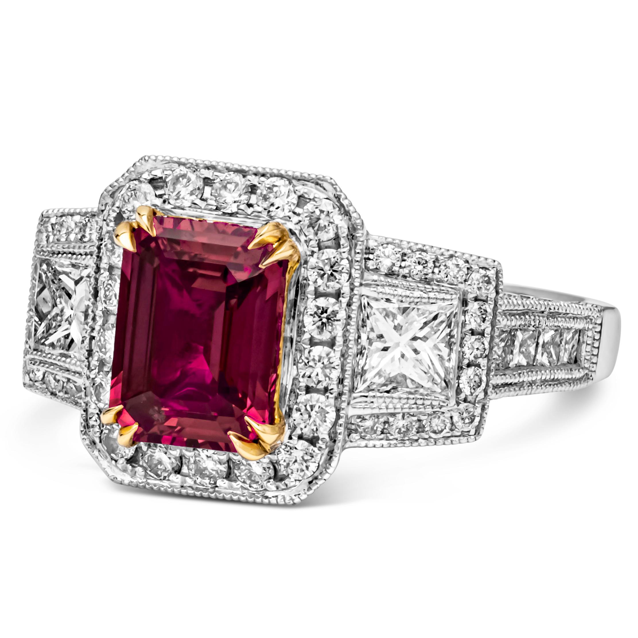 A stunning and beautiful three-stone halo engagement ring, featuring a GIA certified 2.03 carats emerald cut ruby, set on a classic eight prong setting. Flanked by two princess cut diamonds weighing 0.60 carats total with F color and VS-SI clarity.