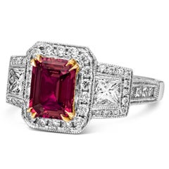 GIA Certified 2.03 Carats Emerald Cut Ruby & Diamond Halo Engagement Ring