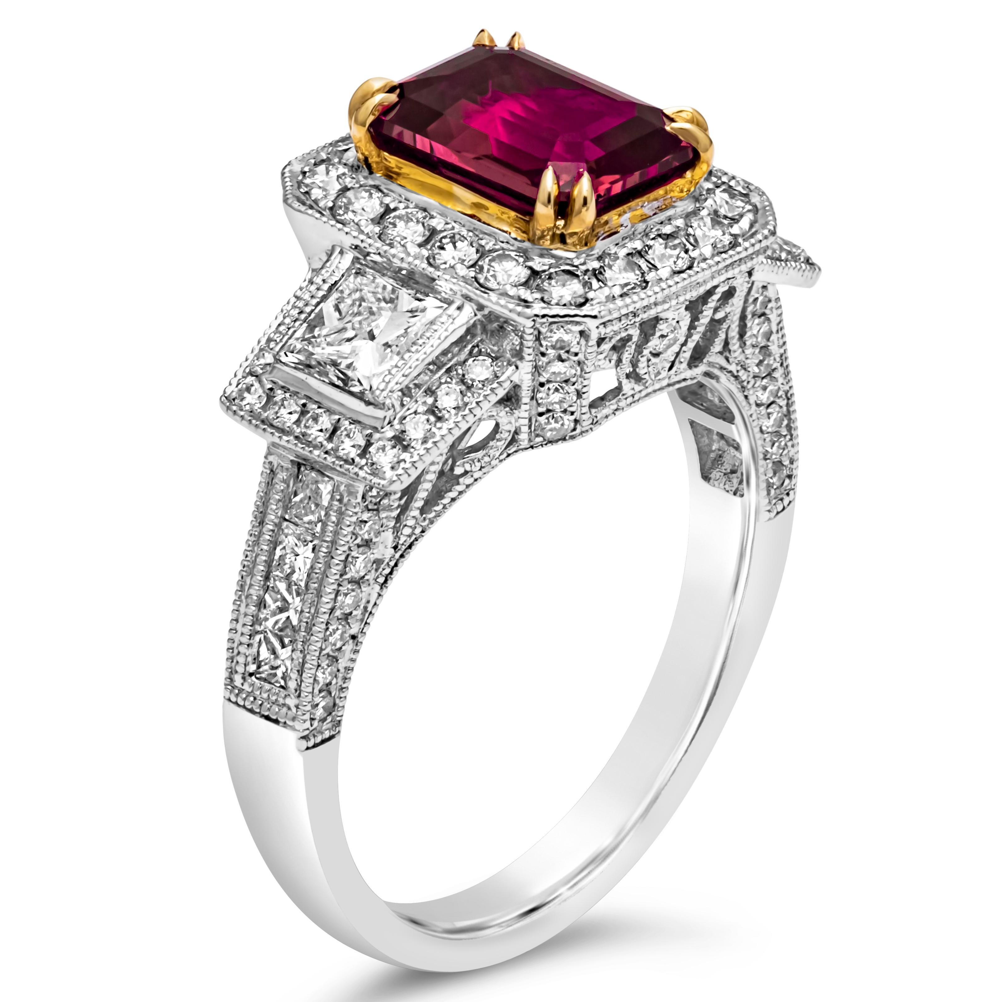 GIA Certified 2.03 Carats Emerald Cut Ruby & Diamond Three-Stone Engagement Ring In New Condition For Sale In New York, NY