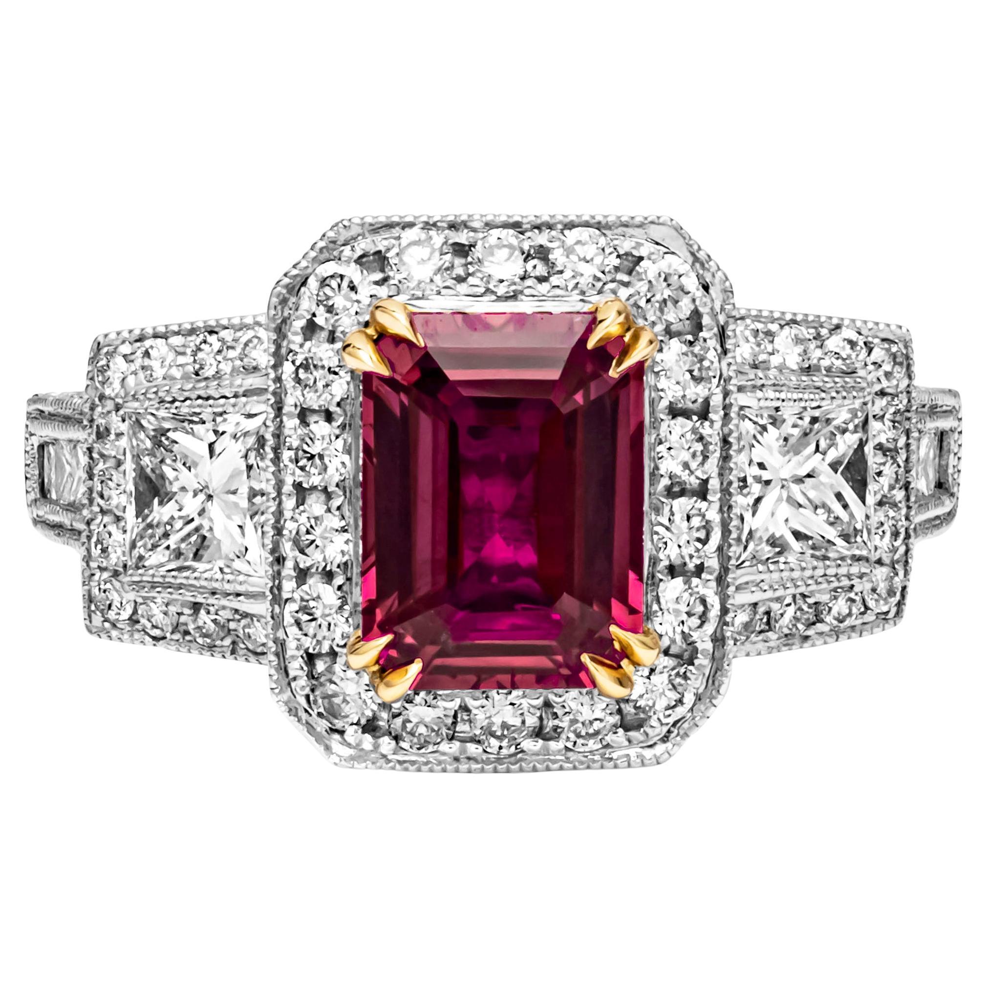 GIA Certified 2.03 Carats Emerald Cut Ruby & Diamond Three-Stone Engagement Ring For Sale