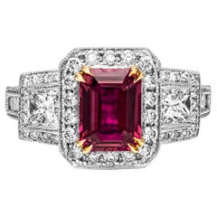 GIA Certified 2.03 Carats Emerald Cut Ruby & Diamond Three-Stone Engagement Ring