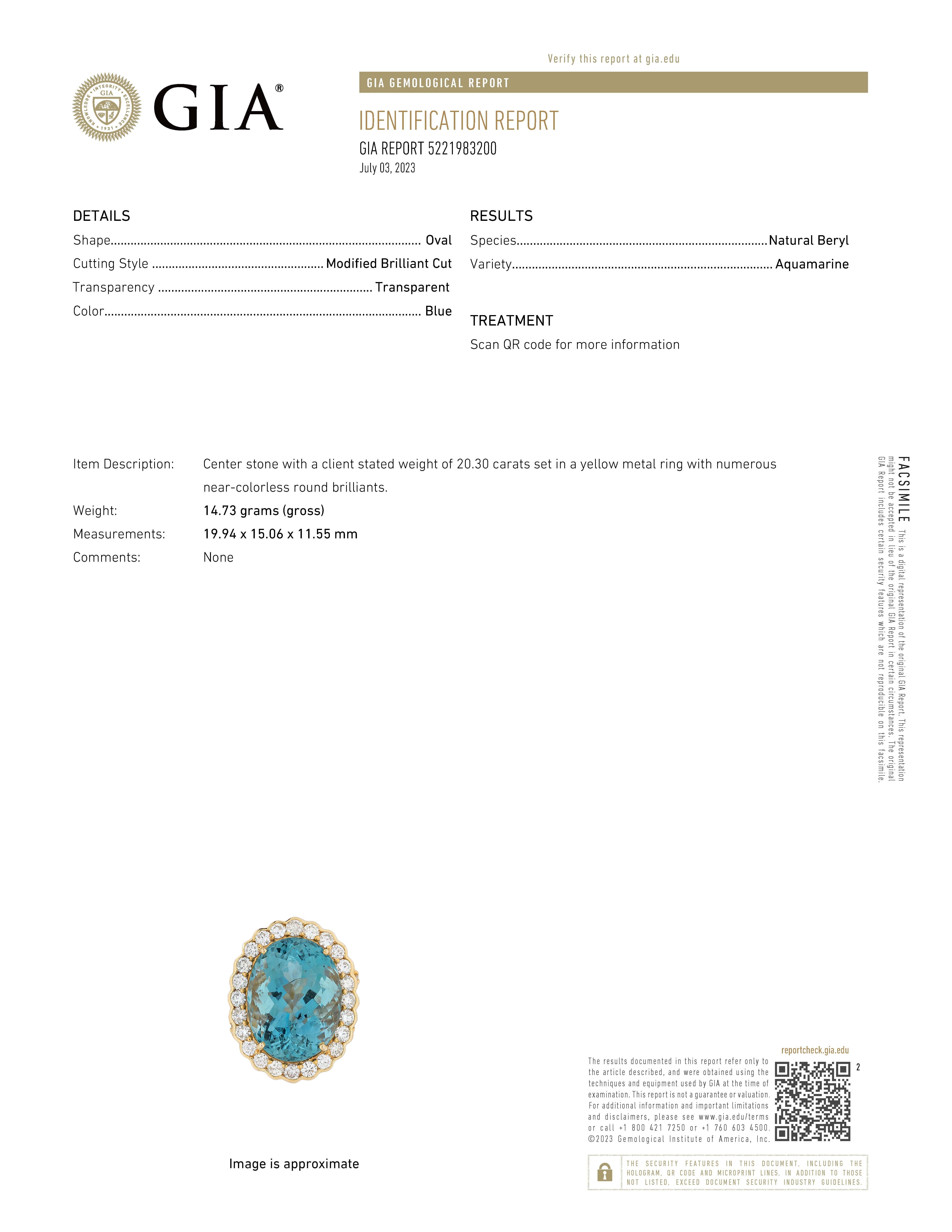 GIA Certified 20.30 Carat Aquamarine Diamond Ring For Sale 1