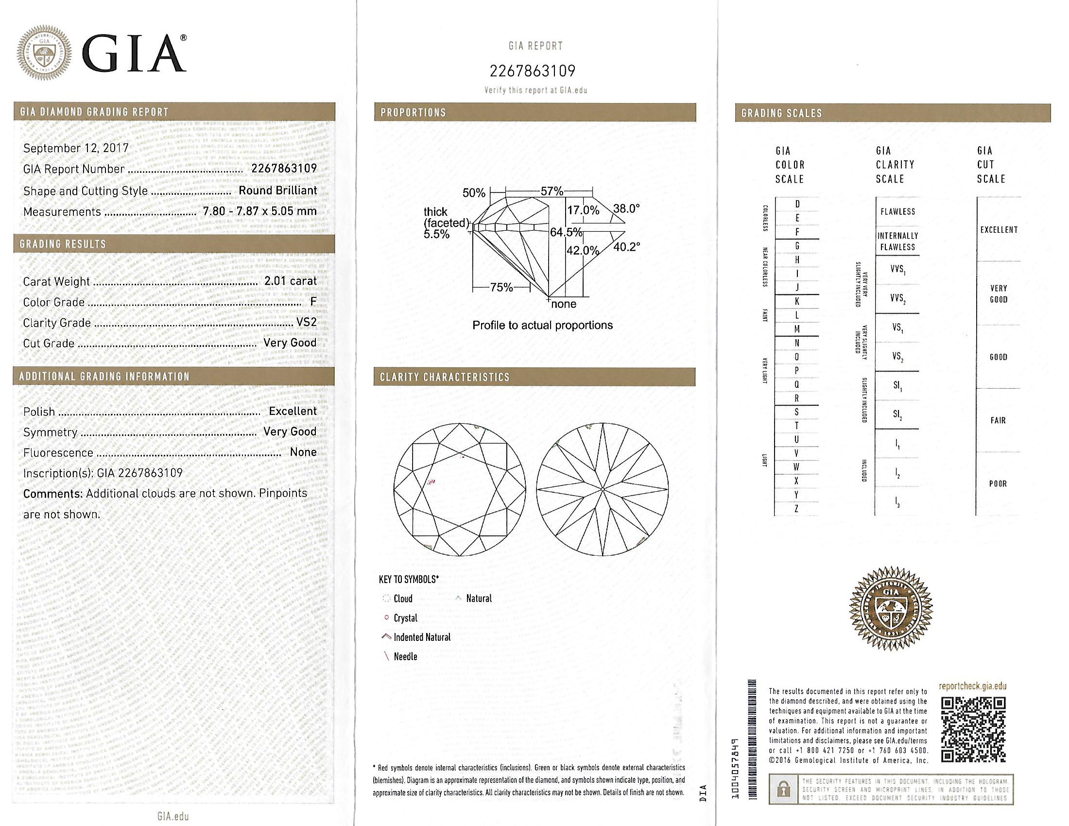 Women's or Men's GIA Certified 2.03 & 2.01 ct F VS2 Handmade Single Stone, Solitaire Stud Earrings