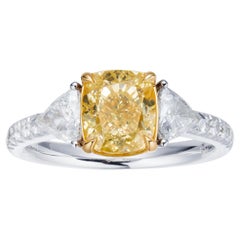 GIA Certified 2.03ct Cushion Cut Natural Fancy Light Yellow Diamond Ring 18KT.