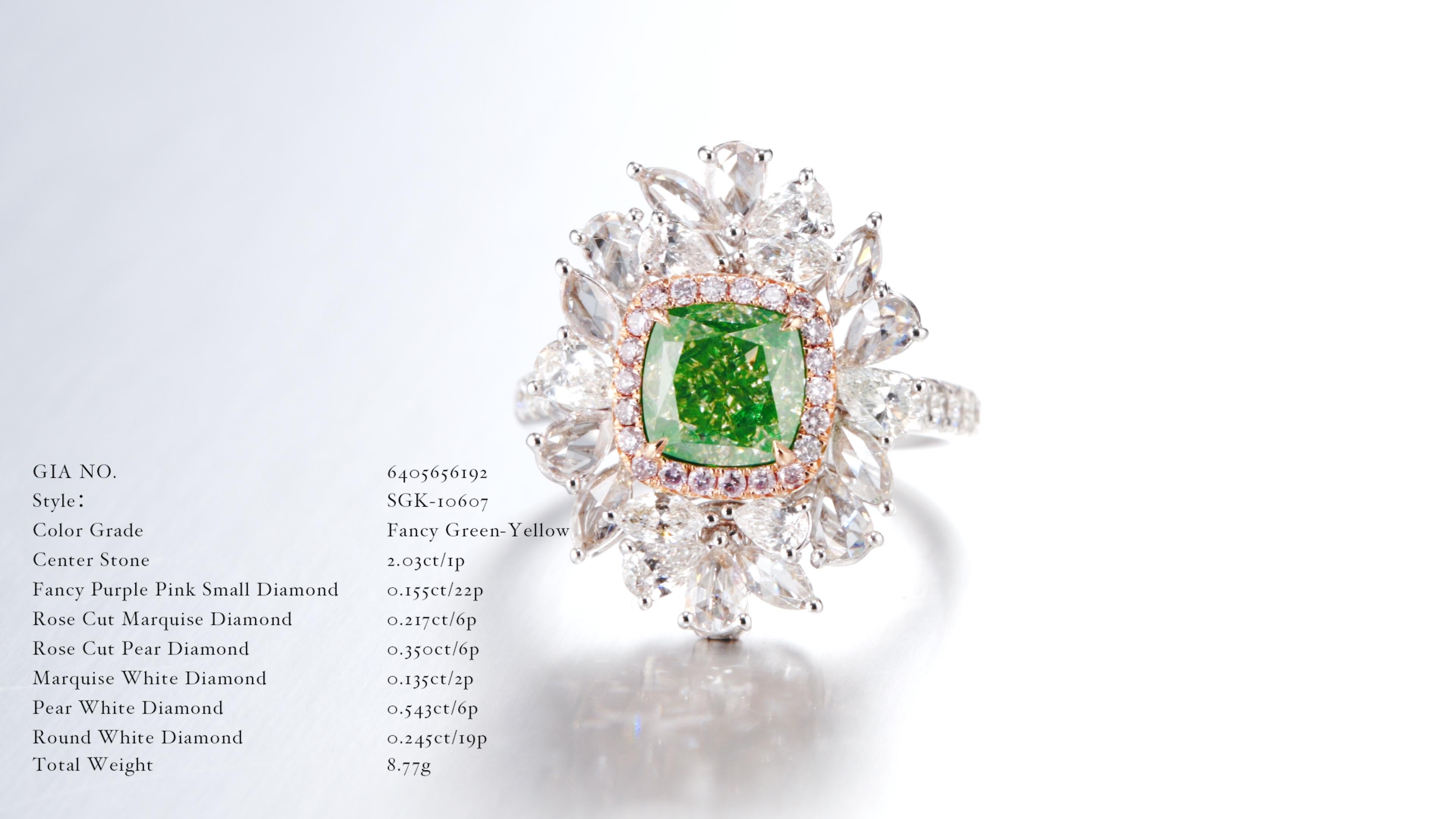 Introducing a breathtaking piece of artistry, this exquisite ring showcases a mesmerizing 2-carat center stone that steals the spotlight. The centerpiece is a natural fancy greenish-yellow diamond, GIA certified to attest to its unparalleled quality