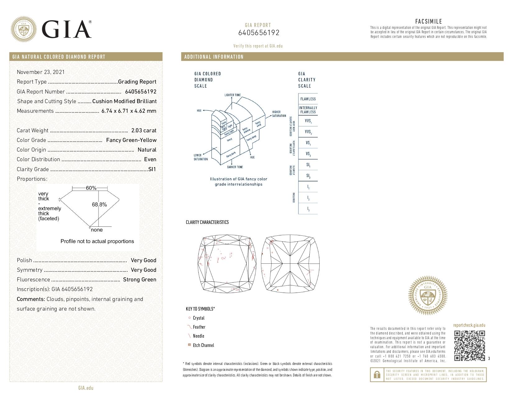 GIA Certified, 2.03ct Natural Fancy Green-Yellow Cushion cut diamond ring 18kt  In New Condition For Sale In Hong Kong, HK