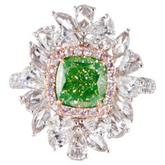 Bague en or 18 carats, certifiée GIA, 2,03 carats, diamant naturel de taille coussin vert-jaune fantaisie 
