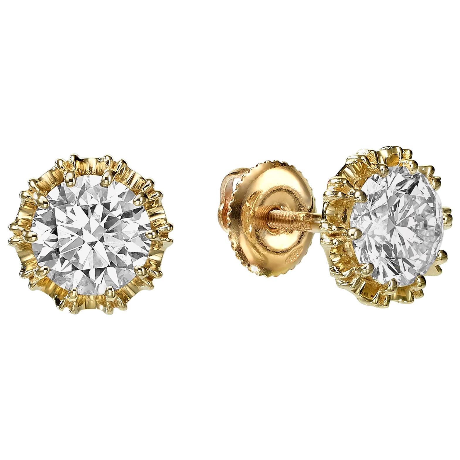 GIA Certified 2.04 Carat Diamond Stud Earrings with 18K Yellow Gold