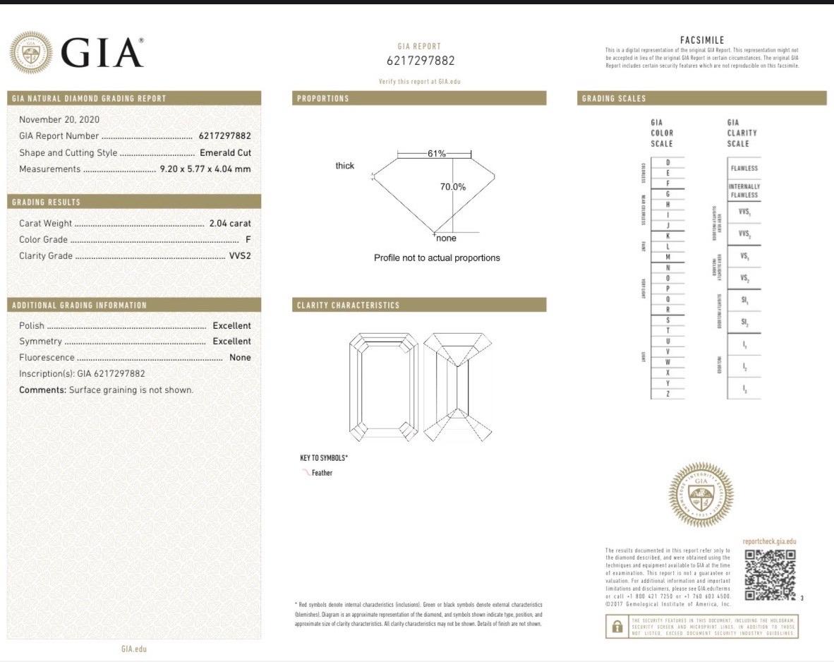 Women's or Men's GIA Certified 2.04 Carat Emerald Cut Diamond F / VVS2 Triple Excellent For Sale