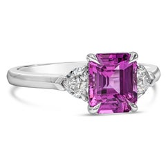 GIA Certified 2.04 Carats Emerald Cut Purple Pink Sapphire Three-Stone Ring
