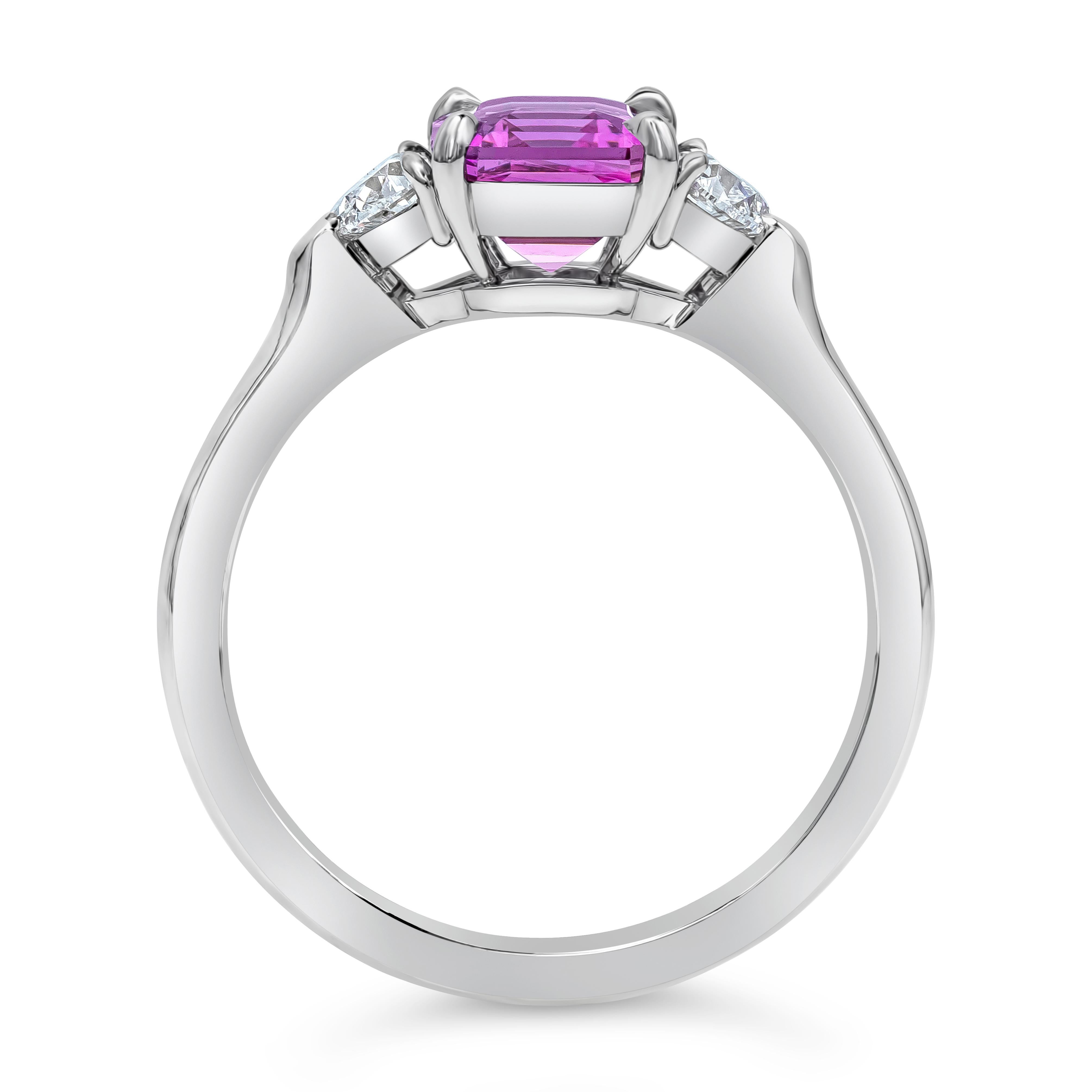 Contemporary GIA Certified 2.04 Carats Emerald Cut Purple Pink Sapphire Three Stone Ring For Sale