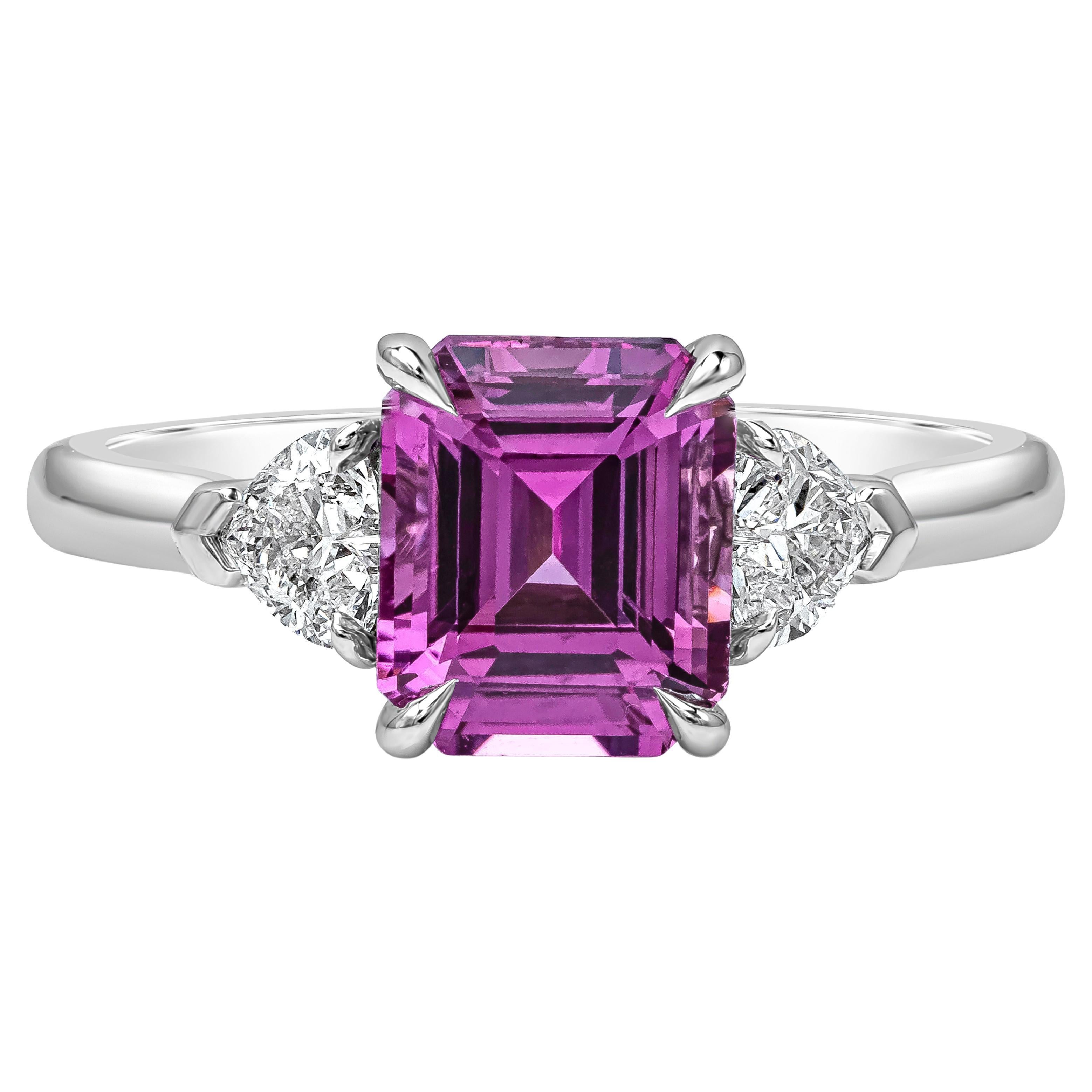 GIA Certified 2.04 Carats Emerald Cut Purple Pink Sapphire Three Stone Ring For Sale