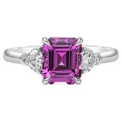 GIA Certified 2.04 Carats Emerald Cut Purple Pink Sapphire Three Stone Ring