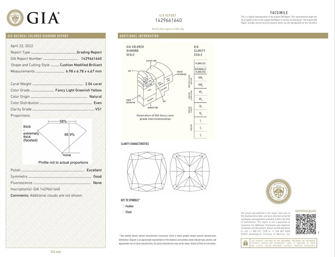 Diamante certificado por el GIA de 2,04 quilates de color amarillo verdoso claro de fantasía y claridad VS1 1