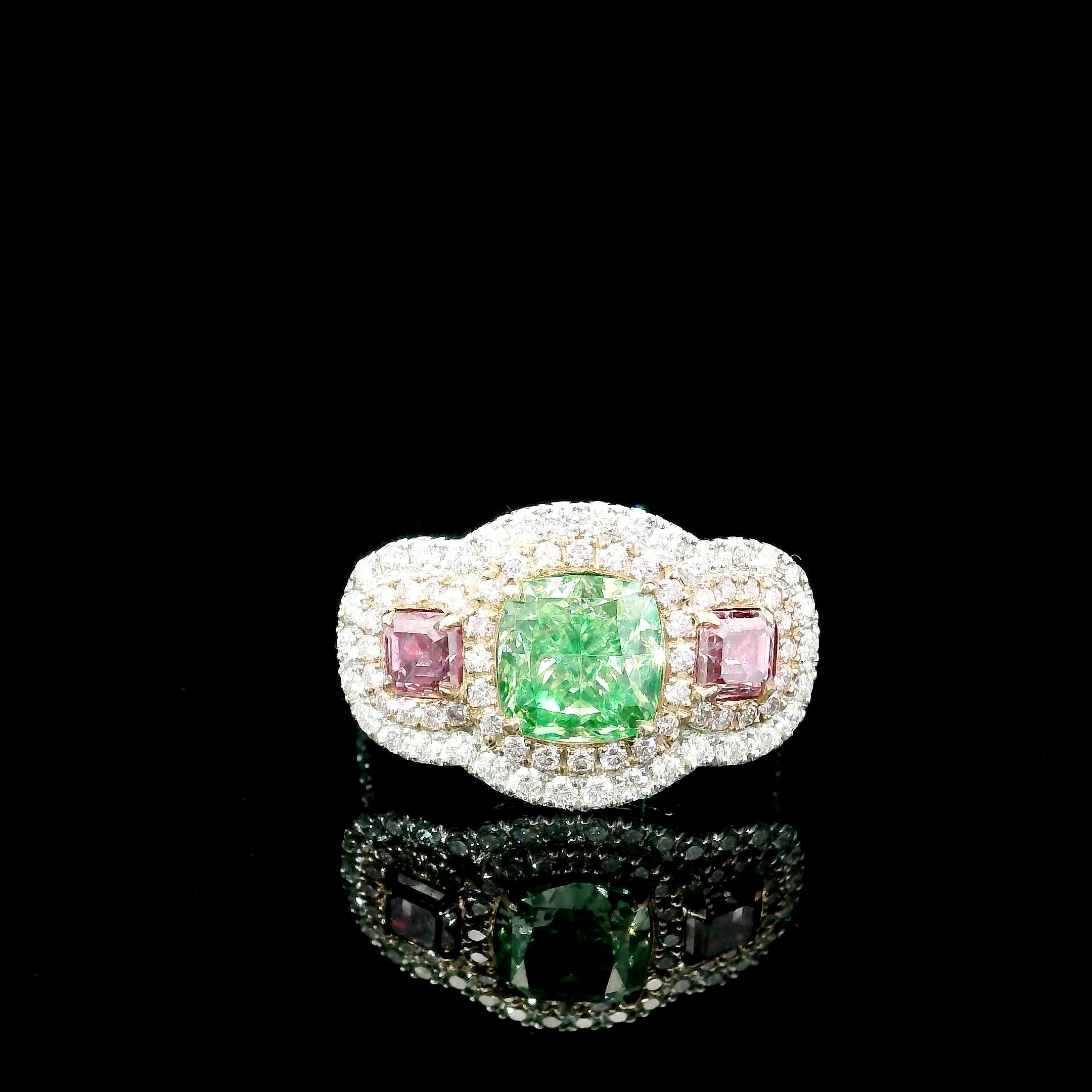 18kt white gold ring with diamonds
  
  Gold colour & karat: White gold 18kt
  Weight: 5.724 grams
  
  Set with-
  Stone type: Diamonds
  Shape: Cushion
  Carat: 2.04 ct
  Colour: Fancy Light Greenish Yellow
  Clarity: VS1
  
  Surrounding Stones: