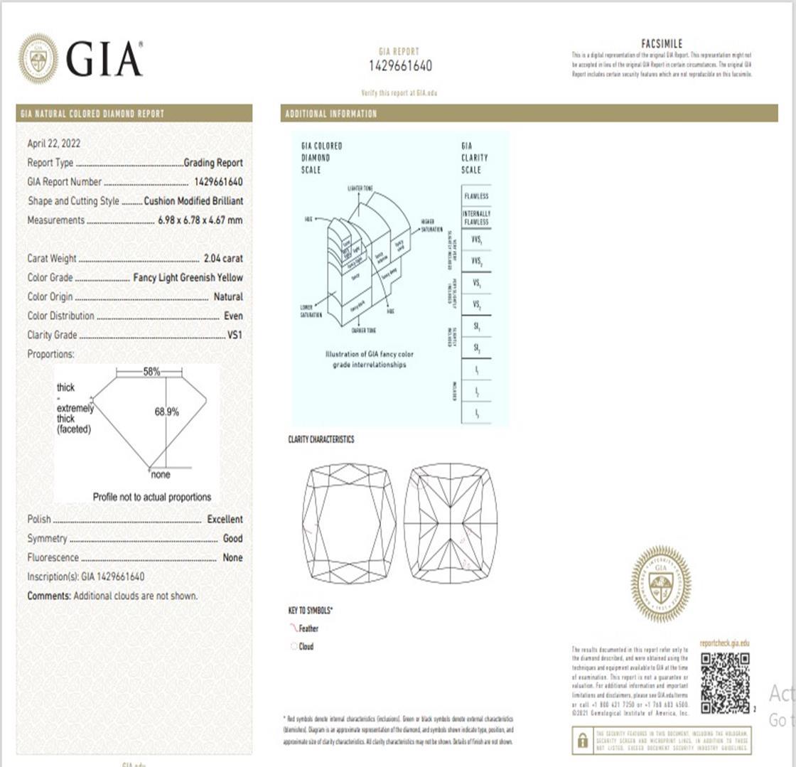 GIA Certified 2.04 Carat Fancy Light Greenish Yellow VS1 Clarity Diamond Ring 3