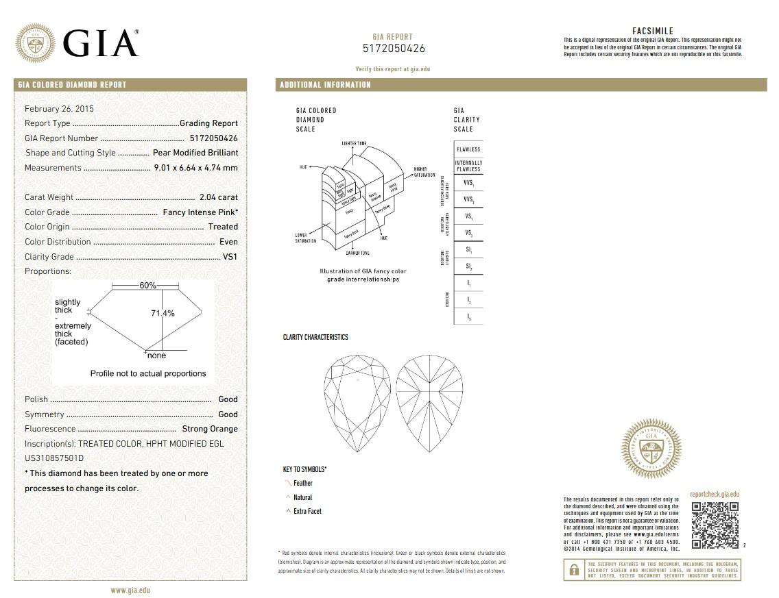 Taglio a goccia GIA Certified 2,04 Carati HPHT VS1 Pear Brilliante Cut Pink Diamond Naturale in vendita