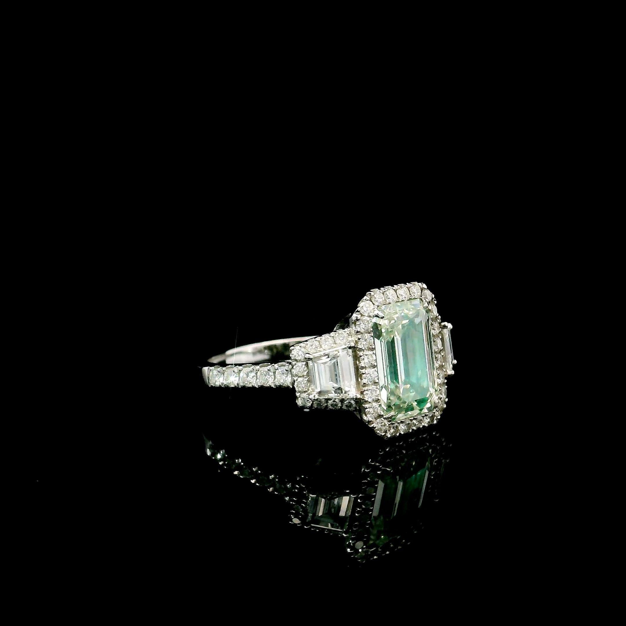 Emerald Cut GIA Certified 2.04 Carat Light Green Yellow I1 Clarity Diamond Ring For Sale