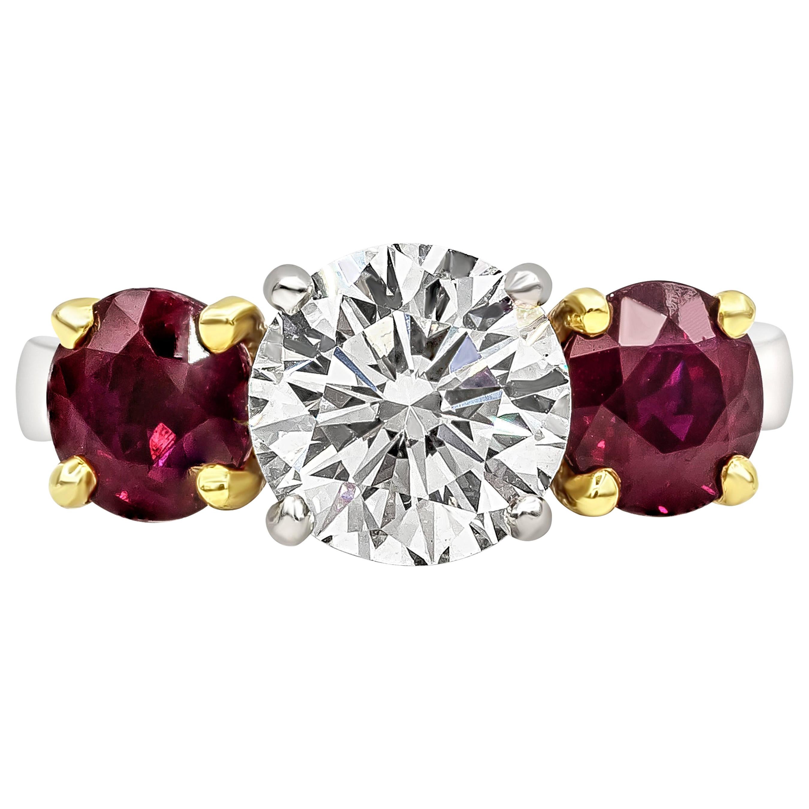 GIA Certified 2.04 Carat Round Diamond and Ruby Three-Stone Engagement Ring