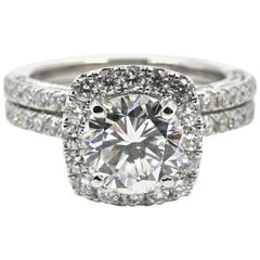 GIA Certified 2.04 Carat Round Diamond Halo Engagement Ring Set 18 Karat Gold