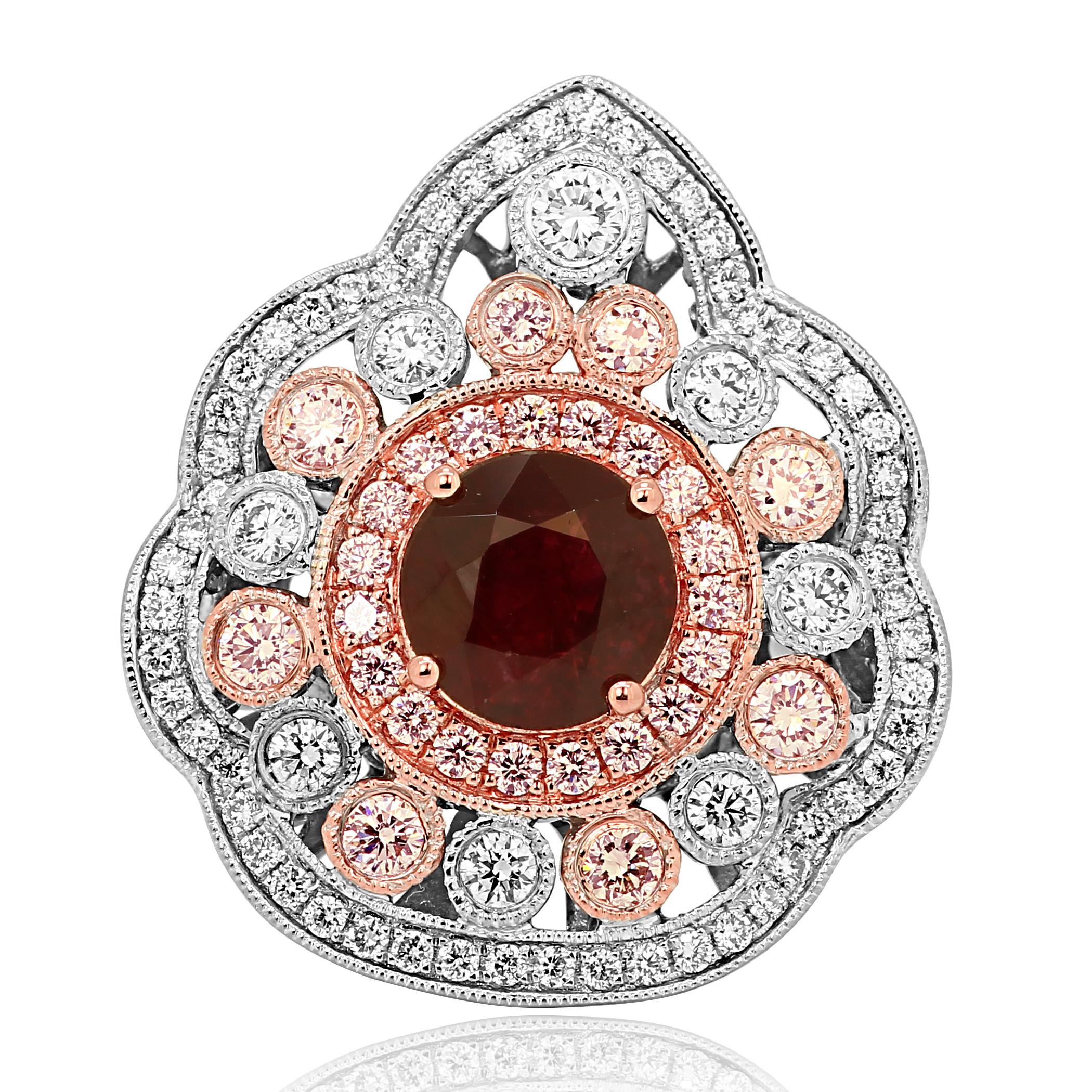 Contemporary GIA Certified 2.04 Carat Ruby Diamond Triple Halo Two-Tone Fashion Cocktail Ring