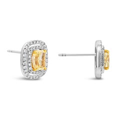 GIA Certified 2.04 Carats Total Cushion Cut Yellow Diamond Double Halo Earrings