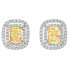 GIA-zertifizierte 2,04 Karat gelbe Diamant-Ohrringe mit doppeltem Halo im Kissenschliff im Kissenschliff