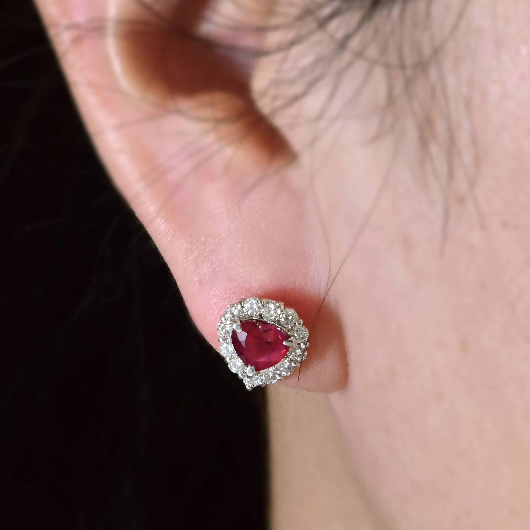 Oval Cut GIA Certified 2.04 Carats Vivid-Red, Burmese Rubies Earrings Made in Platinum For Sale