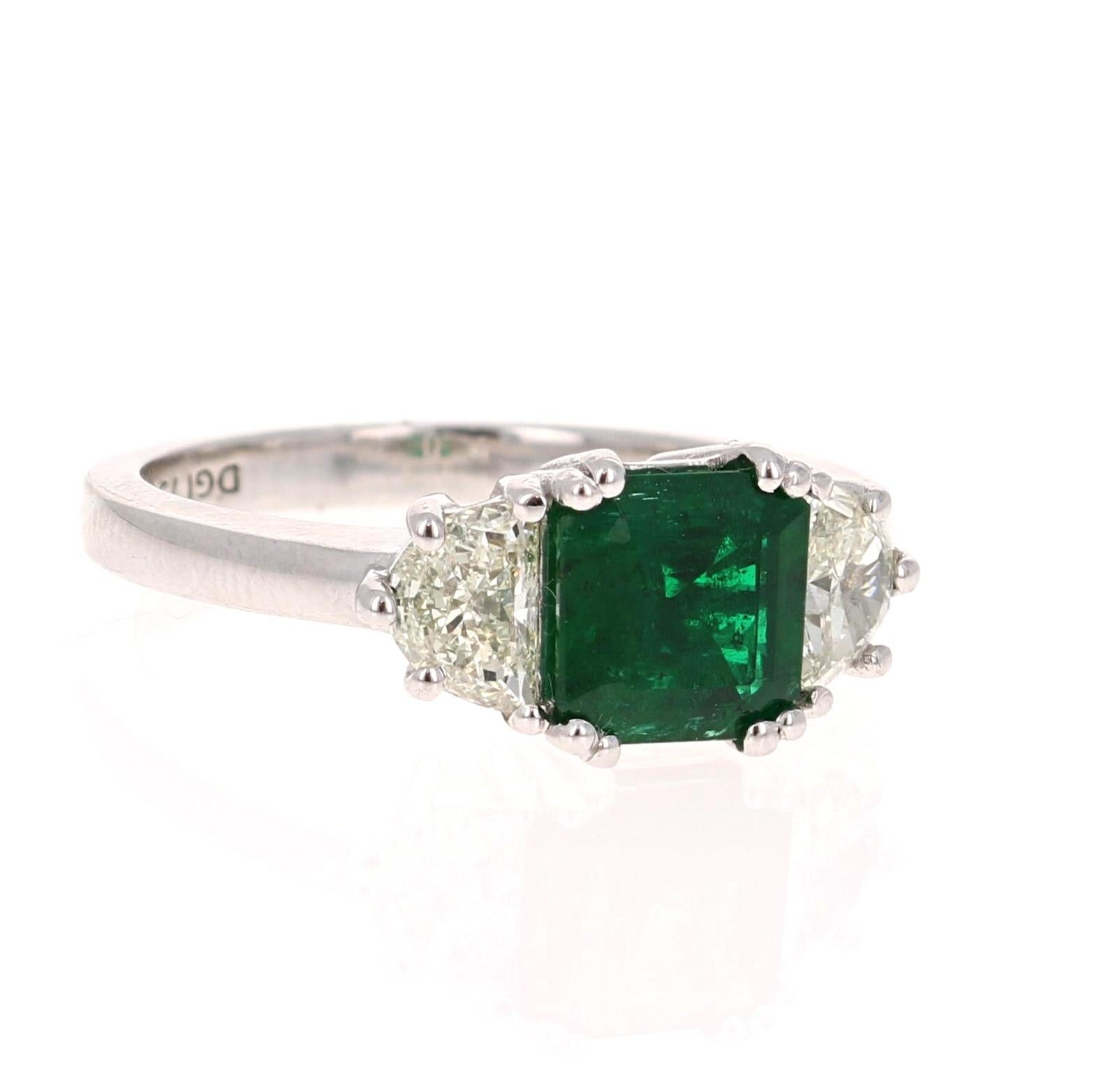 Modern GIA Certified 2.04 Emerald and Diamond 18 Karat White Gold 3-Stone Ring