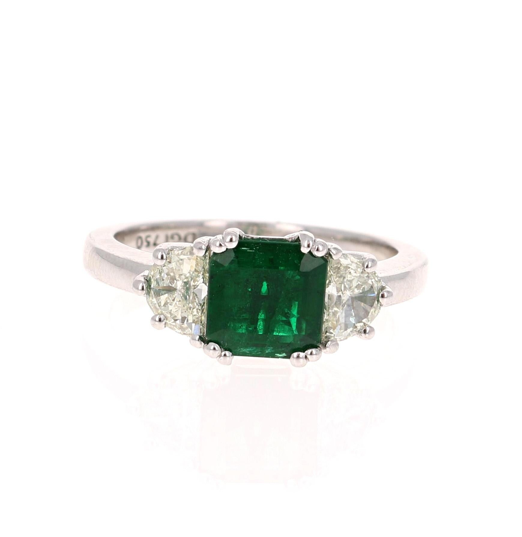 Princess Cut GIA Certified 2.04 Emerald and Diamond 18 Karat White Gold 3-Stone Ring