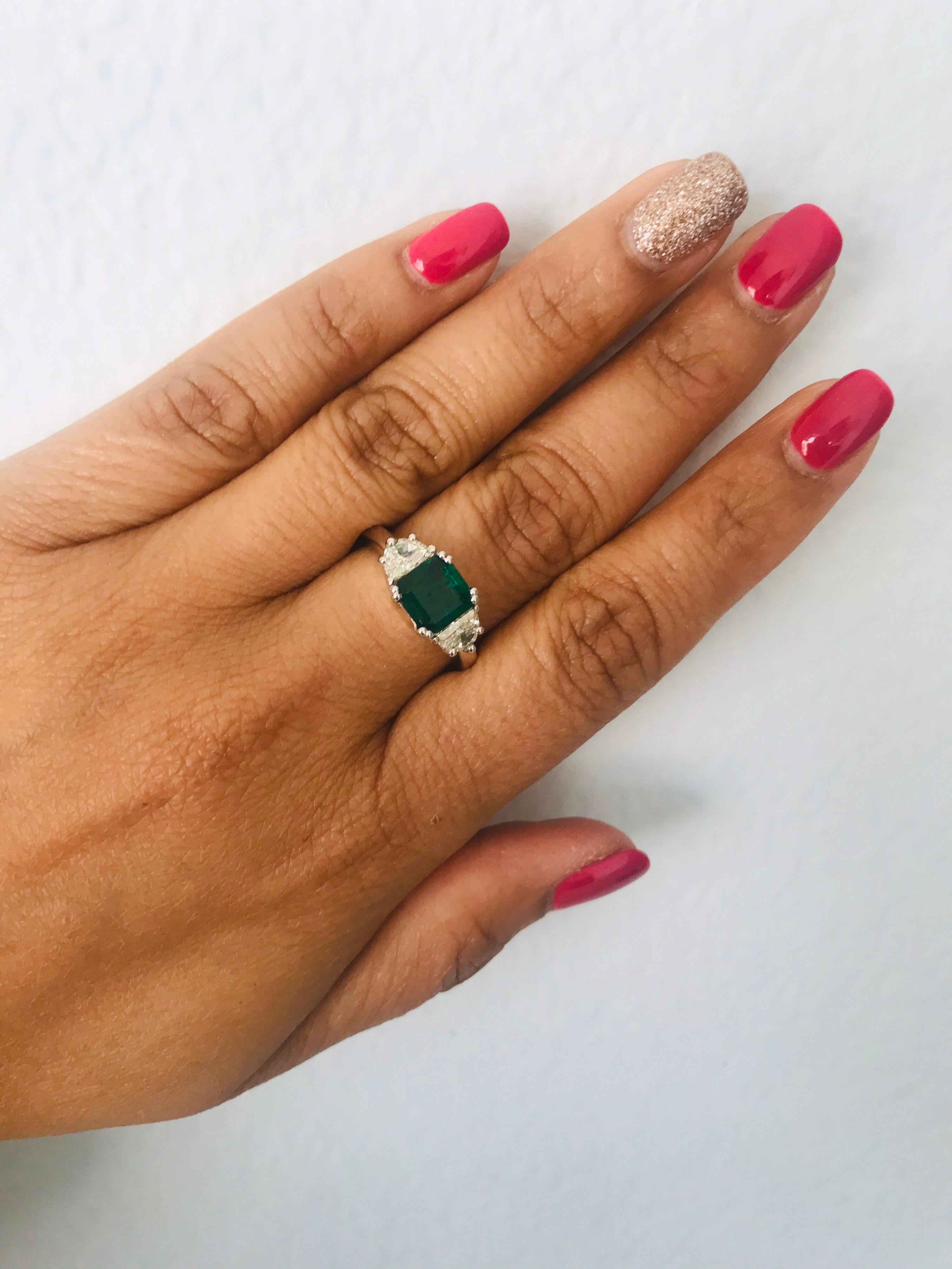 Women's GIA Certified 2.04 Emerald and Diamond 18 Karat White Gold 3-Stone Ring