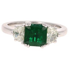 GIA Certified 2.04 Emerald and Diamond 18 Karat White Gold 3-Stone Ring