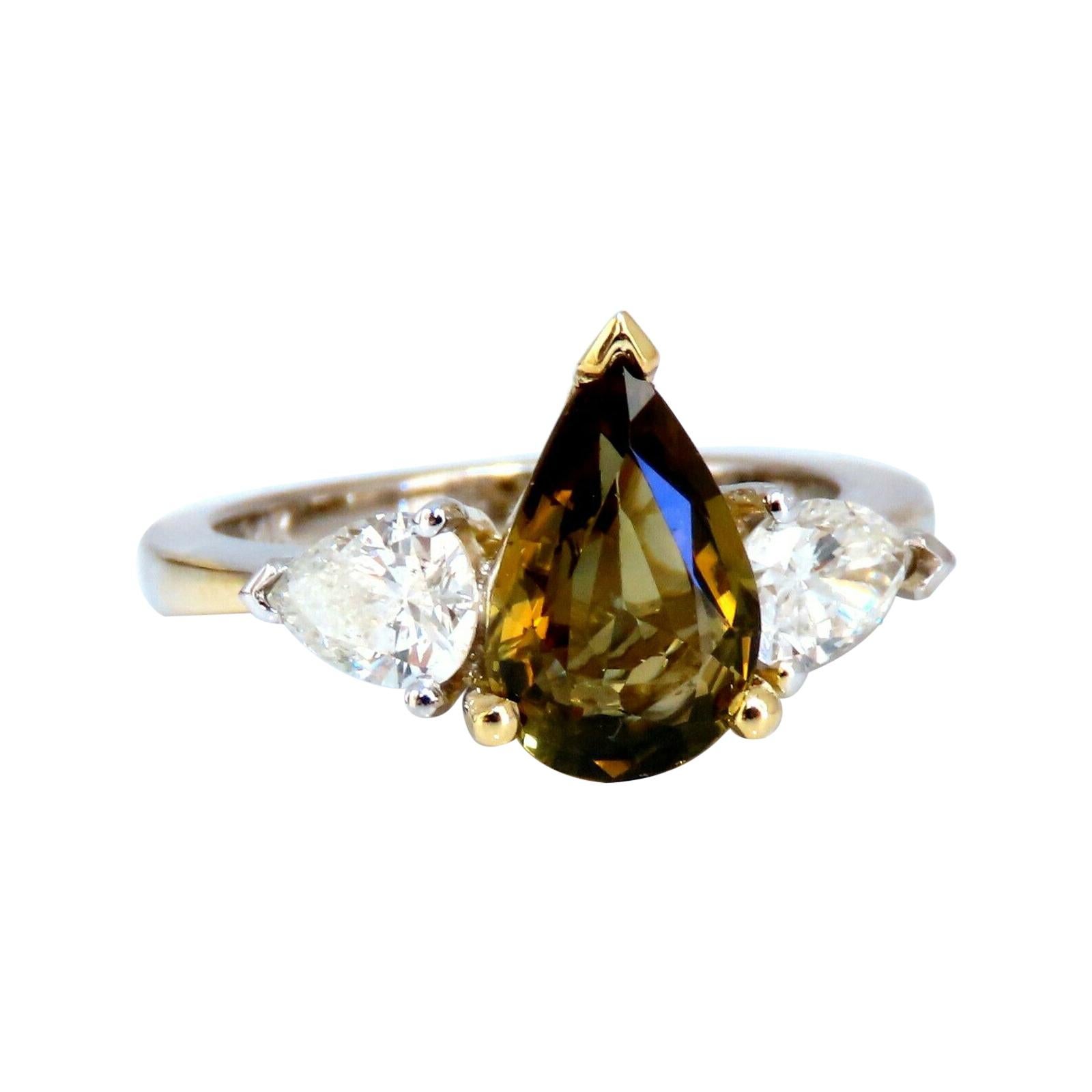 Bague en or 14 carats avec diamants et saphir brun jaune, de 2,04 carats, certifié GIA, de couleur naturelle et sans chaleur