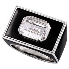 Vintage GIA Certified 2.05 Carat Emerald Cut Diamond Cocktail Ring in Black Enamel