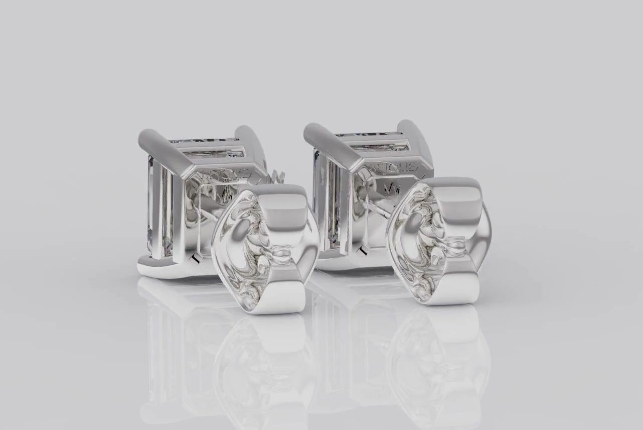 Women's or Men's GIA Certified 2.05 Carat Emerald Cut Diamond Stud Earrings 14 Karat White Gold For Sale