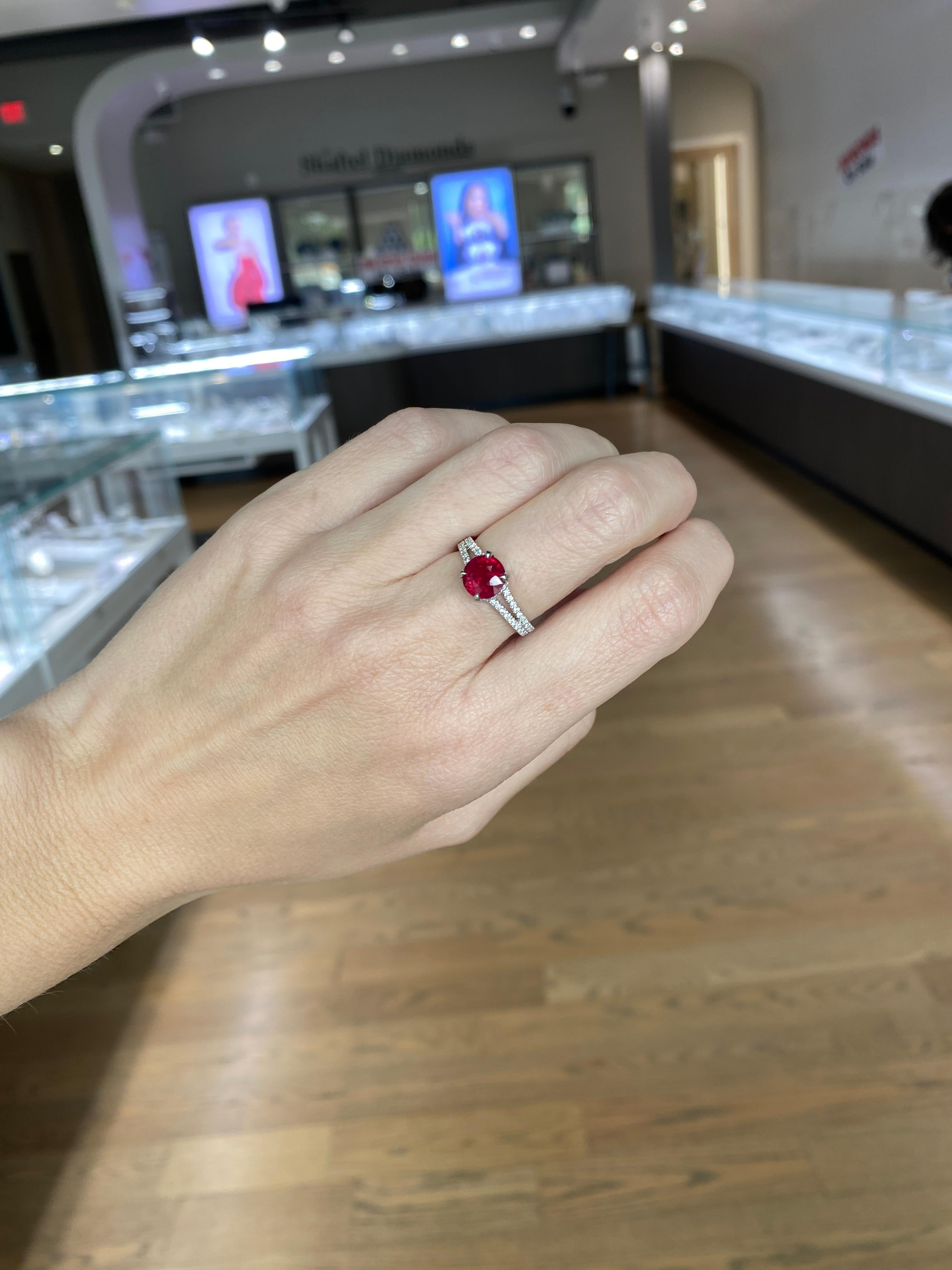 Round Cut GIA Certified 2.05 Carat Pigeon Blood Round Ruby & Diamond Platinum Ring For Sale