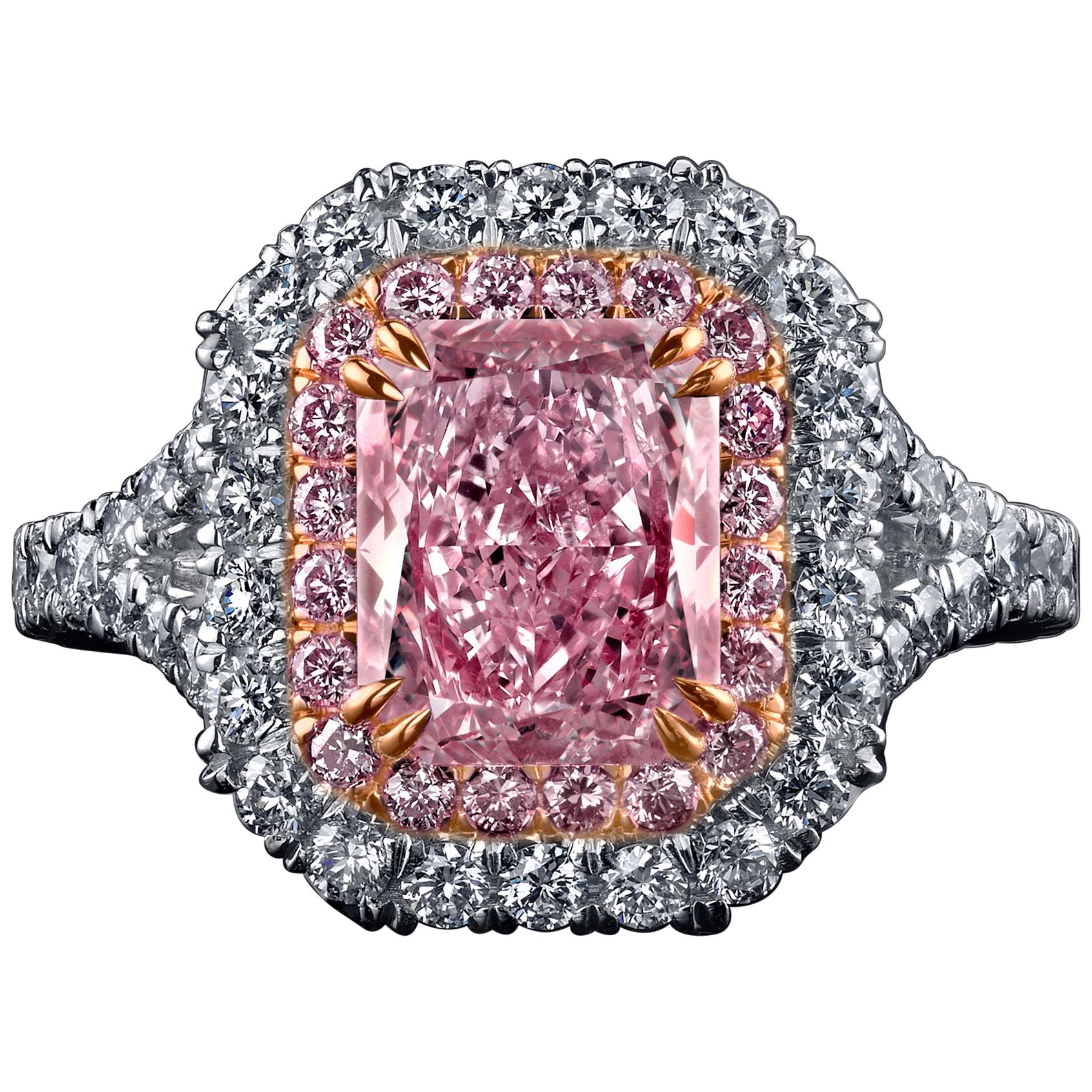 GIA Certified 2.05 Carat Radiant Fancy Light Orangy Pink Diamond Ring For Sale