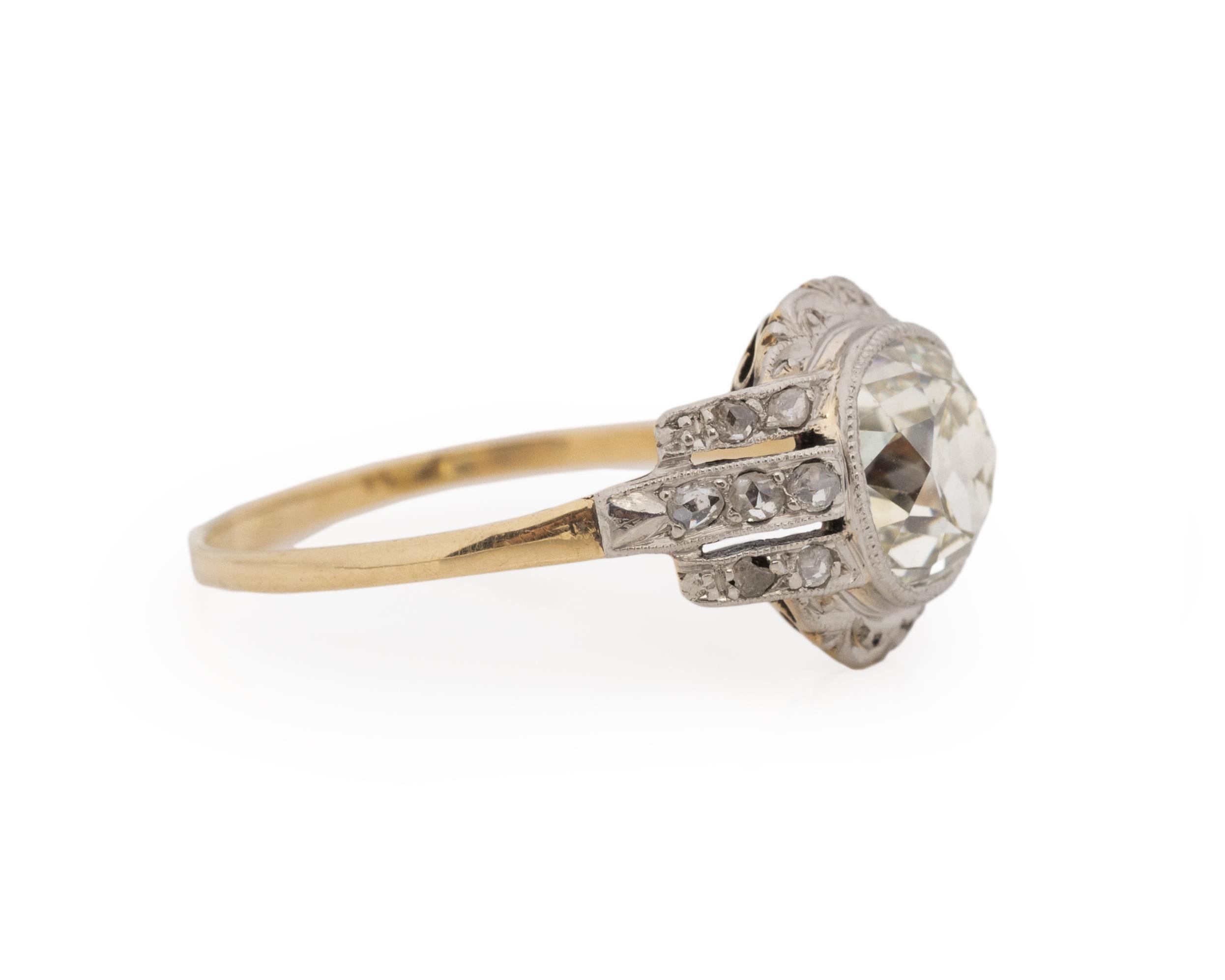 Ring Size: 8.5
Metal Type: Platinum Head, 14K Gold Shank [Hallmarked, and Tested]
Weight: 3.0 grams

Center Diamond Details:
GIA REPORT #: 2417916474
Weight: 2.06ct
Cut: Old Mine Brilliant
Color: N
Clarity: VS1
Measurements: 7.68mm x 7.38mm x