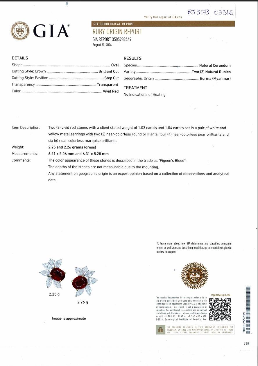 Women's or Men's GIA Certified 2.07 Carat Burmese No Heat Pigeon Blood Ruby and Diamond Earrings For Sale