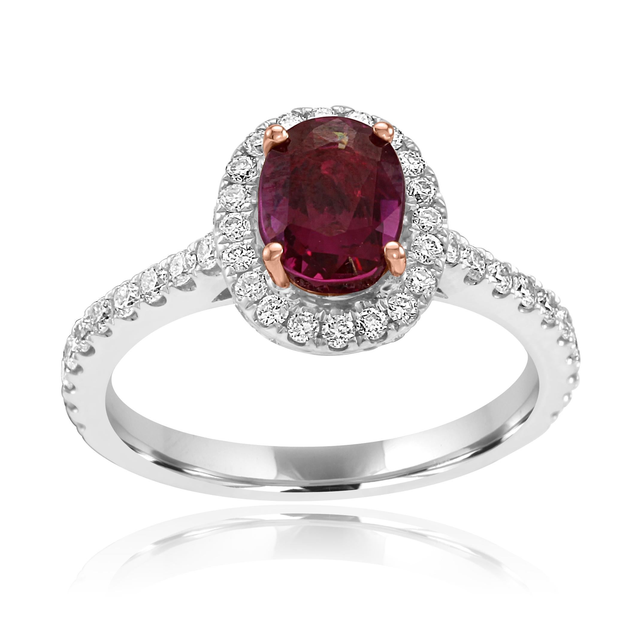 Rare 2.07 Carat Oval GIA Certified No Heat Burma Pinkish Purple Sapphire Encircled in Single Halo White G-H Color VS-SI 0.75 Carat Round Diamonds in 18K White and Rose Gold Bridal Fashion Cocktail Ring. Total Stone Weight 2.82 Carat.

Style