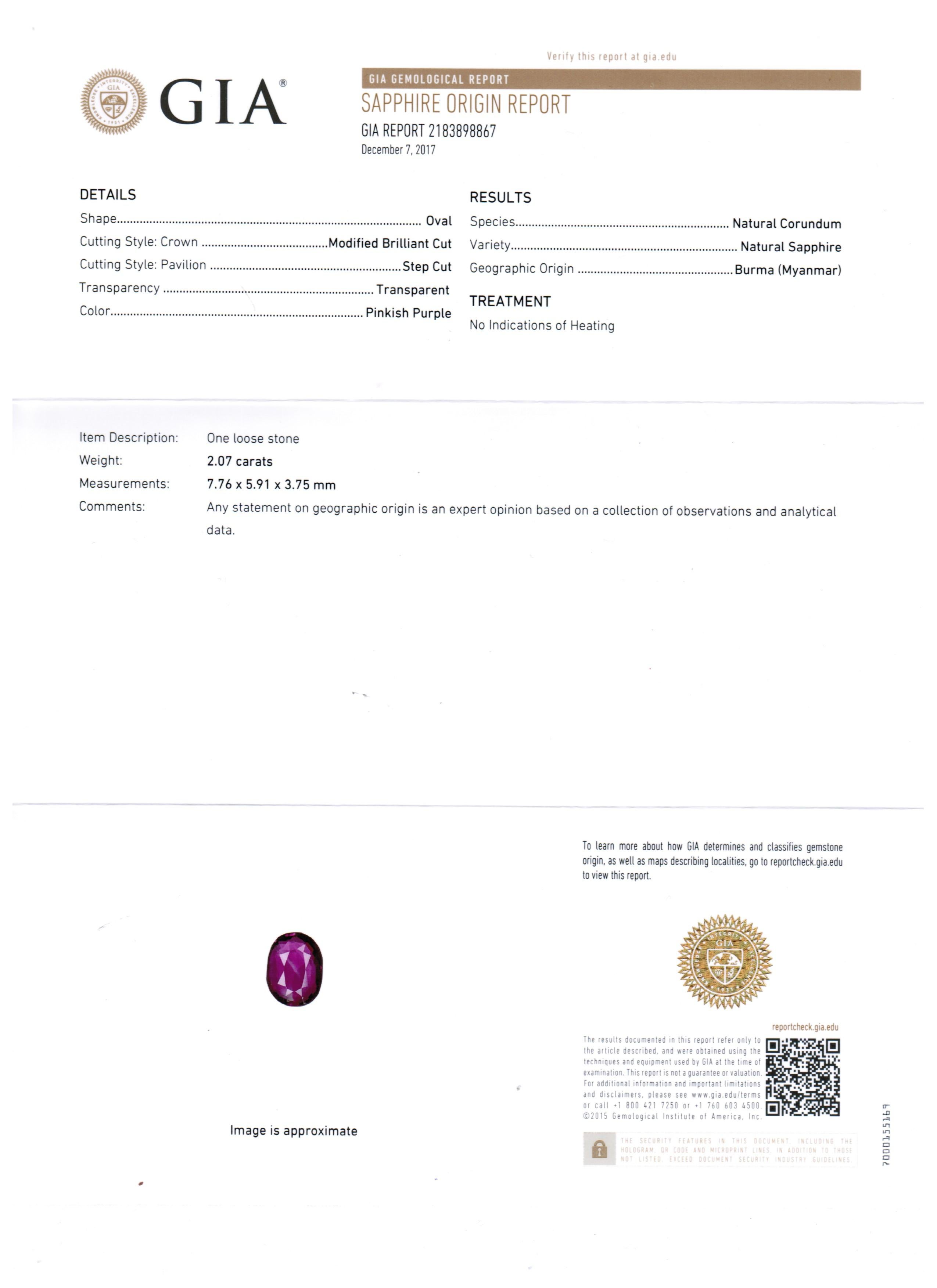 GIA Certified 2.07 Carat No Heat Burma Purple Sapphire Two Color Gold Halo Ring 3