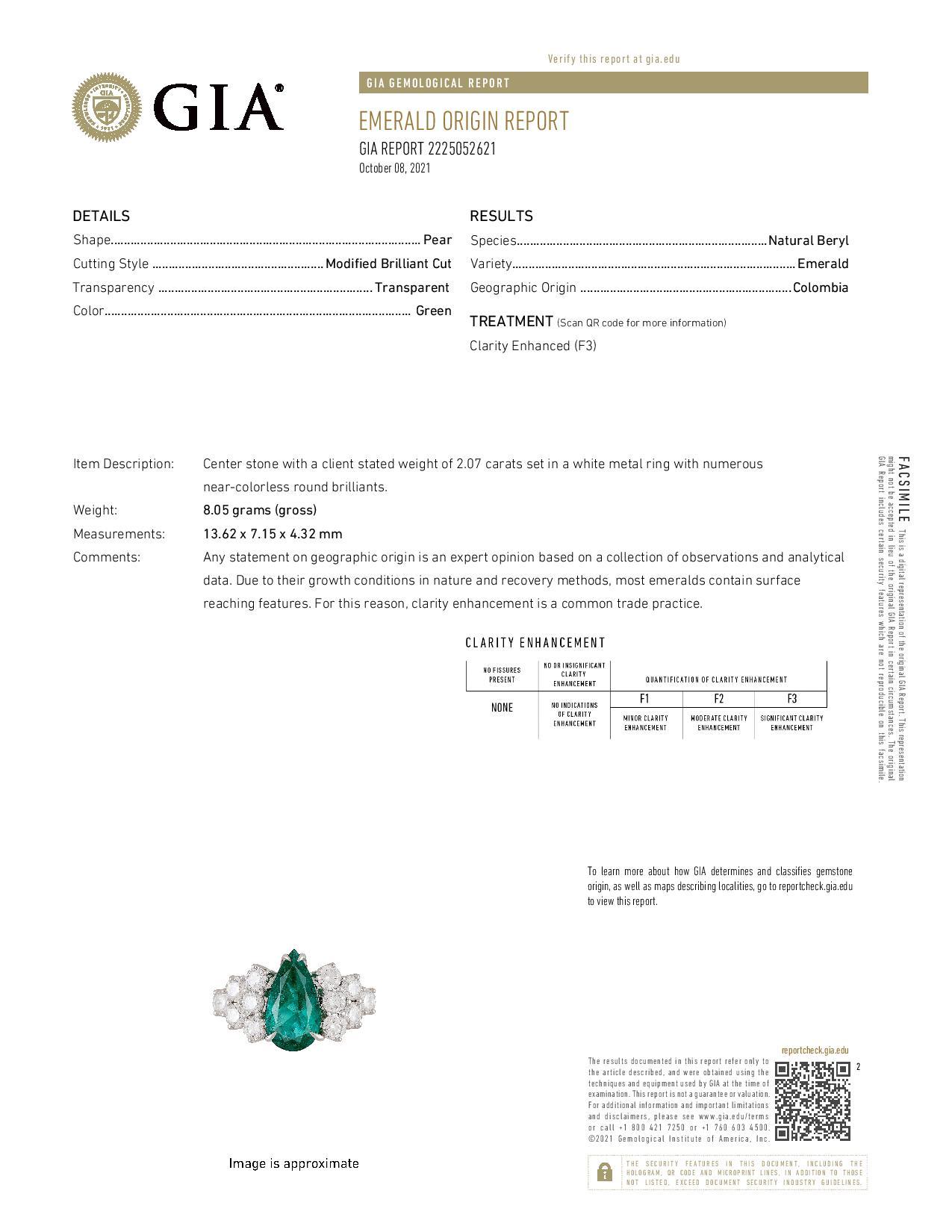 Gorgeous and Fine Colombian Emerald weighing 2.07 Carats flanked by a cluster of Diamonds weighing 1.70 Carats.
Set in 18 Karat White Gold.
Size 6.