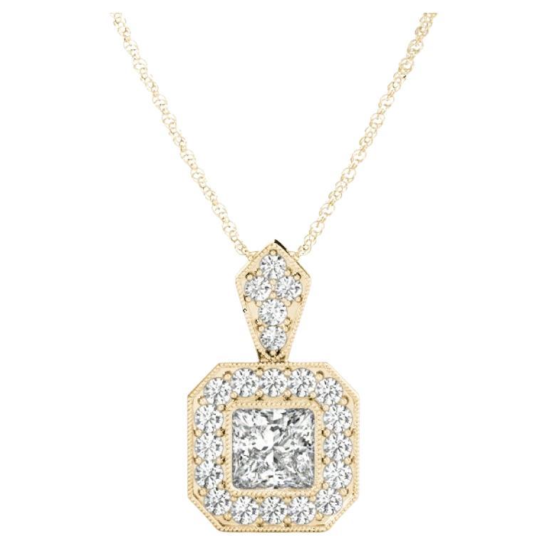 GIA Certified 2.07 Carat Princess Diamond Milgrain Halo Yellow Gold Pendant