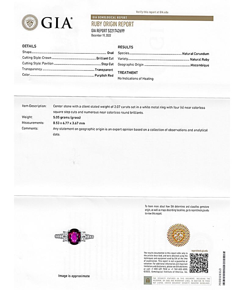 GIA Certified 2.07ct No Heat Ruby 0.59ct Diamond Engagement Ring In Good Condition For Sale In New York, NY