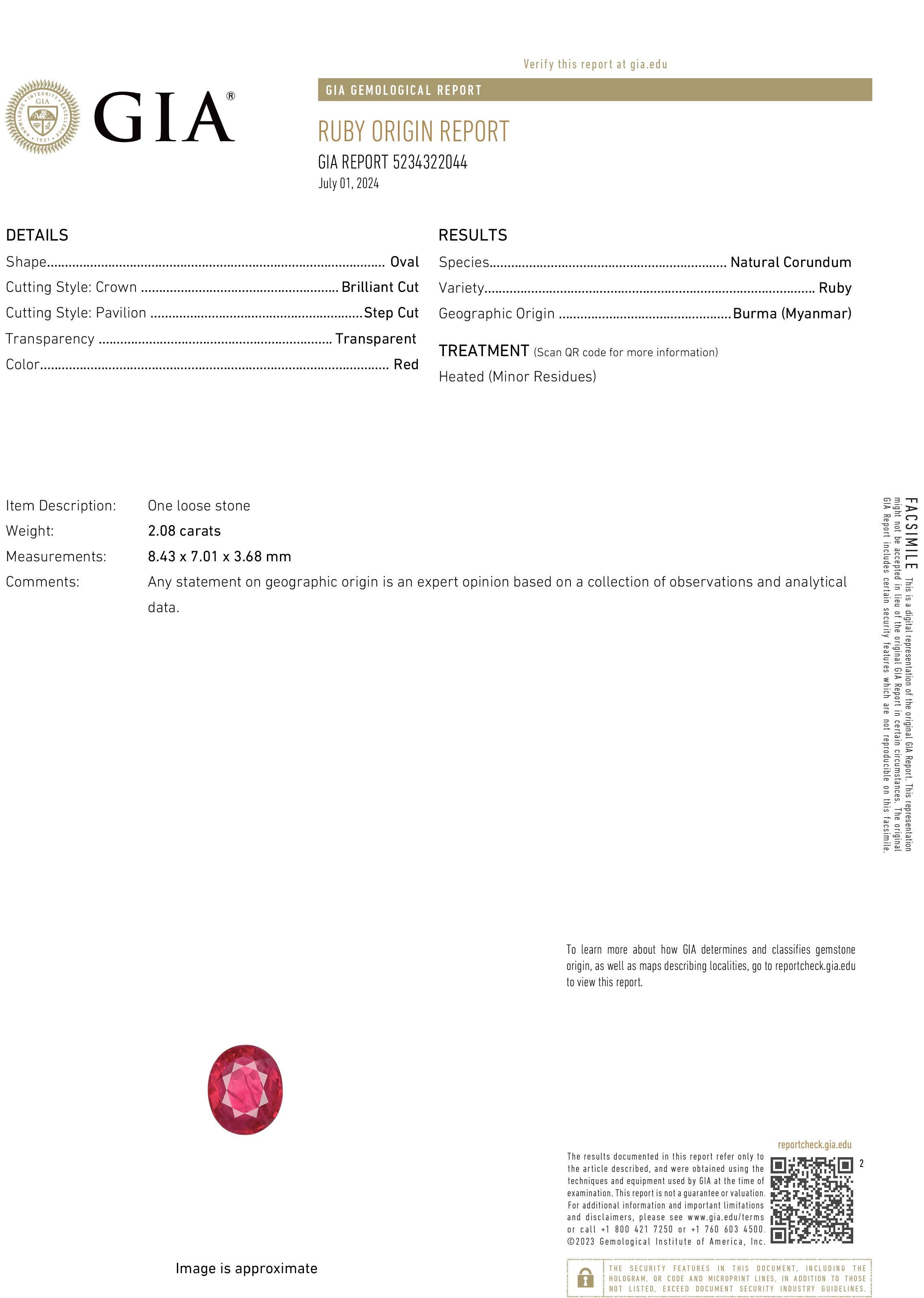 Dieser zart aus Platin gefertigte Ring ist mit einem 2,08 Karat schweren, GIA-zertifizierten birmanischen Rubin besetzt, der ein sattes Purpurrot aufweist. Der Rubin stammt aus den berühmten burmesischen Lagerstätten und weist eine Hitzebehandlung