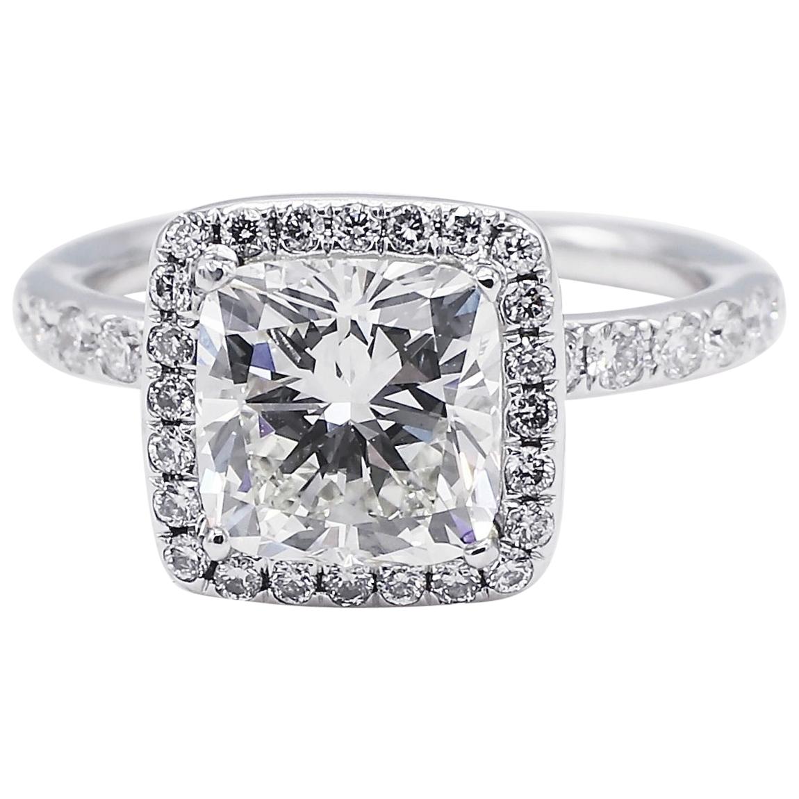 GIA Certified 2.08 Carat Cushion Diamond Halo Platinum Engagement Ring