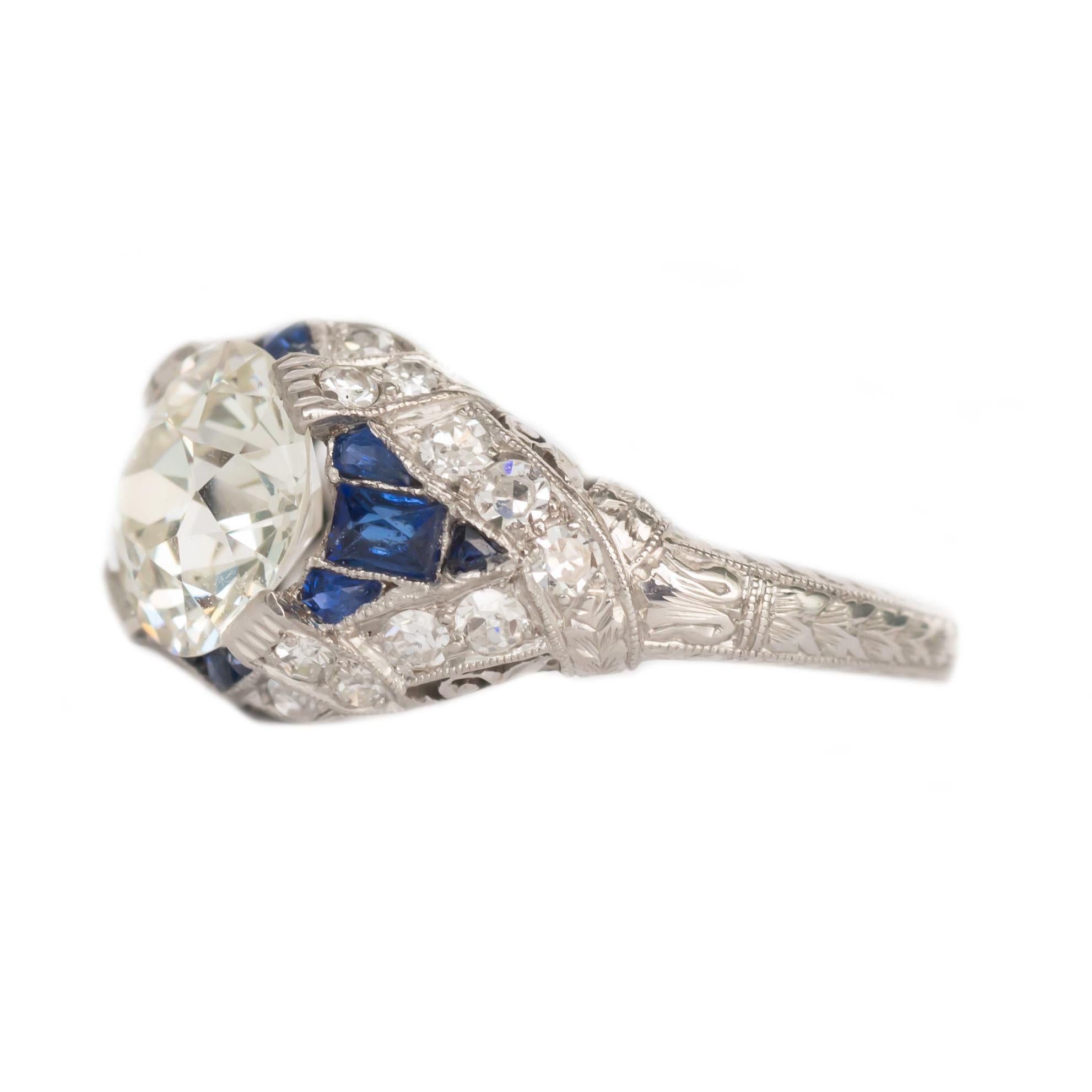 Ring Size: 7.5
Metal Type: Platinum  [Hallmarked, and Tested]
Weight:   5.1grams

Center Diamond Details:
GIA REPORT # 5191427087
Weight: 2.08 carat
Cut: Old European Brilliant 
Color: K 
Clarity: VS2

Side Diamond Details:
Weight: .20 carat, total