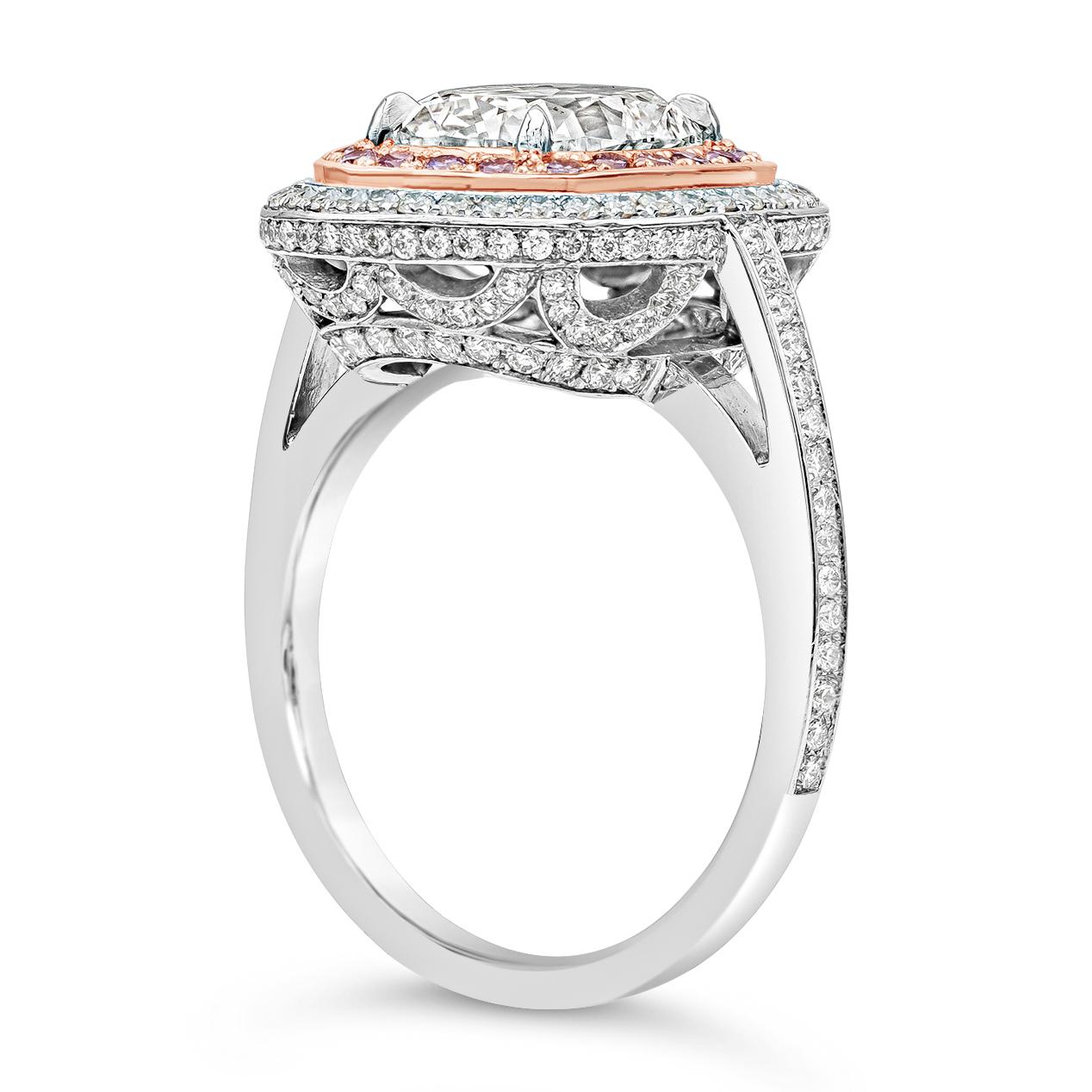 Contemporain Bague de fiançailles double halo en diamant taille coussin de 2,09 carats certifiée GIA en vente